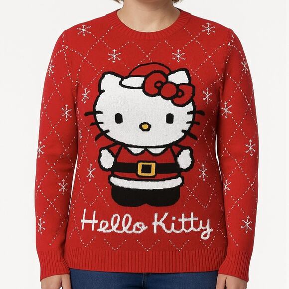 Hello Kitty Christmas Sweater Women Large 12-14 Red Snowflake Santa Holiday Knit - Picture 1 of 12
